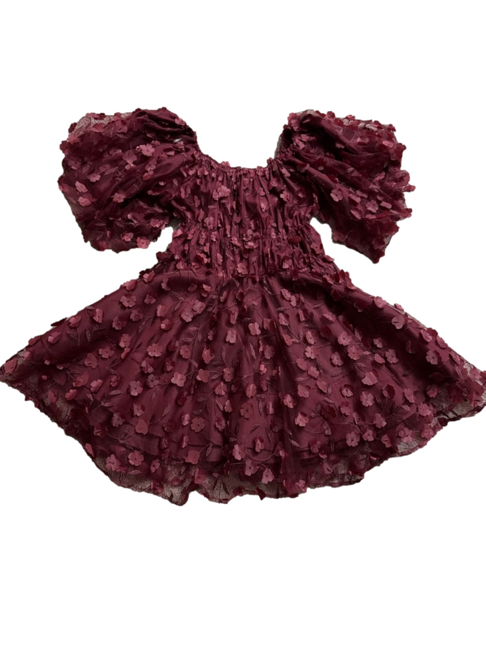 Altar’d State Floral Appliqué Mini Dress Burgundy Puff Sleeve Fit Flare SIZE L